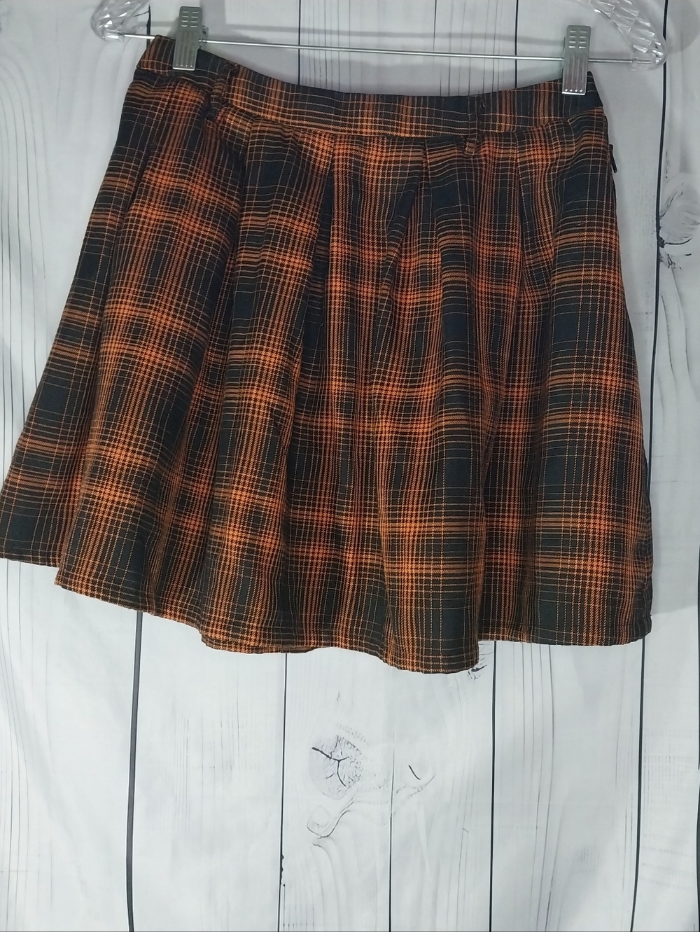 Hot Topic Pleated Orange and Black Plaid Skater Grunge Punk Mini Skirt